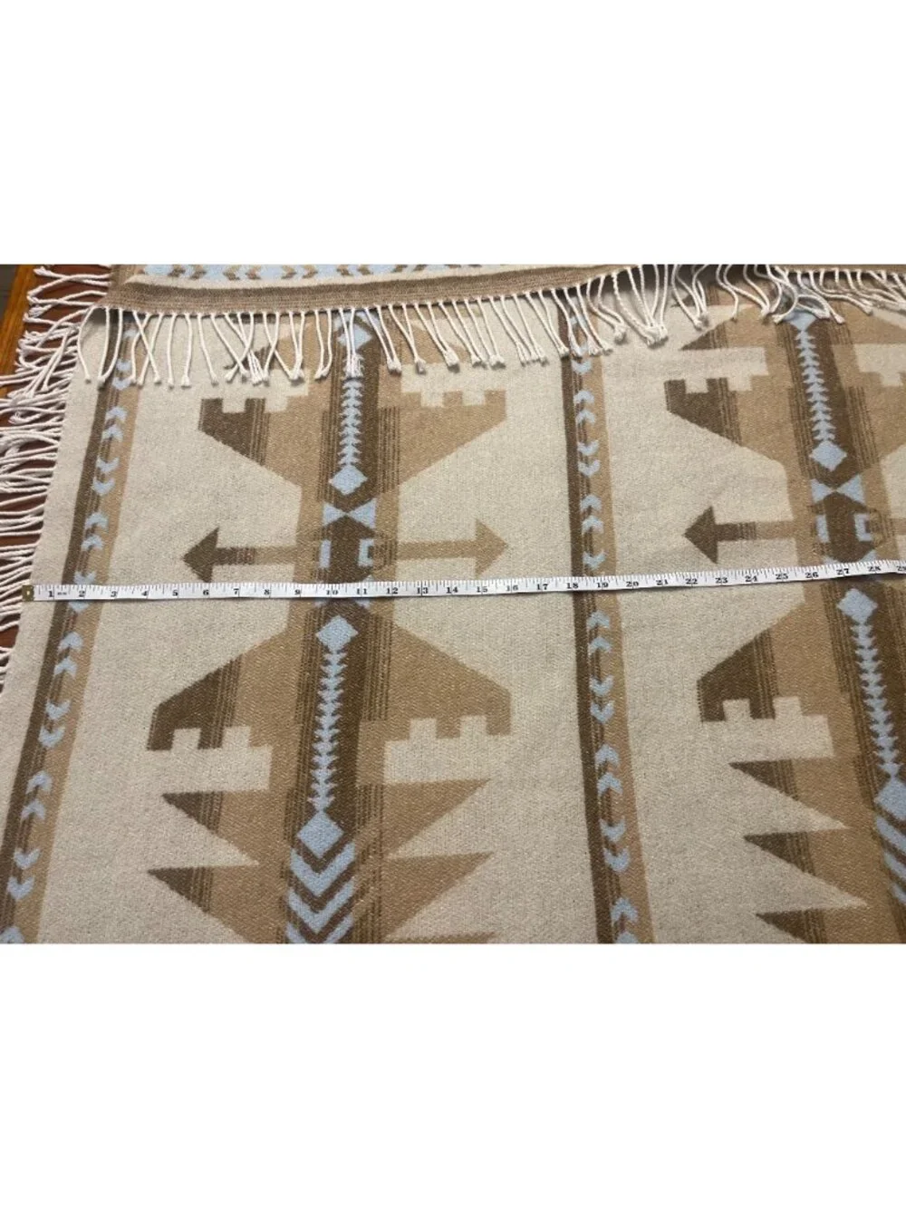 Sackcloth & Ashes Arrow Beige Blanket Throw 70 x 61 Aztec Tan Blue Fringe Italy